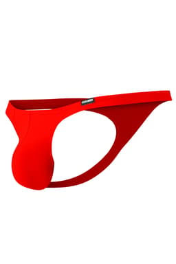 Cut4Men Brazilian-Thong aus Mikrofaser in Scarletrot, Detailansicht des gummierten Logos