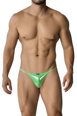 Cut4Men Mini-Brief in Grün in Nahaufnahme, Metallic-Oberfläche und gummiertes Logo im Detail