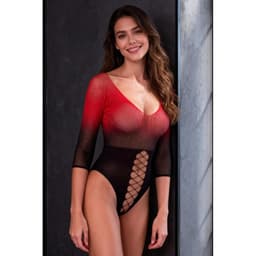 Passion Netz-Bodystocking, tiefer Ausschnitt und Zierborte an der Vorderseite im Detail