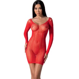 Passion BS101 Bodystocking mit Spitze und Netz in Rot, Gesamtansicht am Model