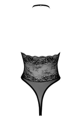 Kissable Stringbody in Schwarz am Model getragen, seitliche Ansicht im Ganzen