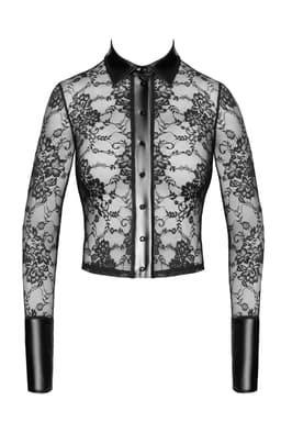 Noir Handmade F377 Noirelle Spitzenshirt in Schwarz, seitliche Ansicht am Körper getragen