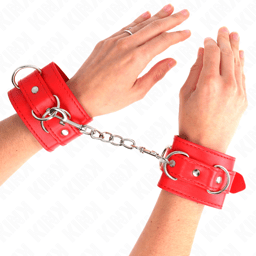 Kink Handgelenkfesseln mit 3 D-Ringen in Rot, Manschettenpaar in der Gesamtansicht