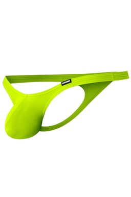 Cut4Men Low Rise Bulge String in Neongelb, Detailansicht des gummierten Logos am Bund