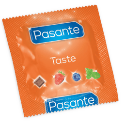 Aromatisierte Kondome von Pasante, Nahaufnahme der vier Geschmacksrichtungen