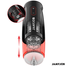 Jamyjob automatischer Masturbator Storm Schwarz, Seitenansicht mit Detail der Oberflächenstruktur