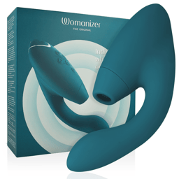 Womanizer Duo 2 Doppelstimulator in Petrolblau, Gesamtansicht mit Kopf und G-Punkt-Arm