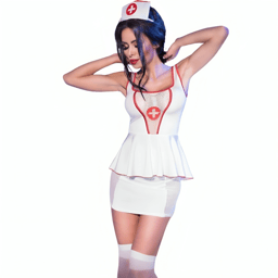 Chilirose Krankenschwester-Kostüm, fünfteiliges Rollenspiel-Set, Gesamtansicht am Model von vorne fotografiert
