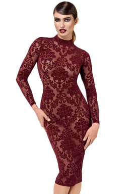 Noir Handmade Kink Royal Midikleid in Burgund, komplette Gesamtansicht von vorne