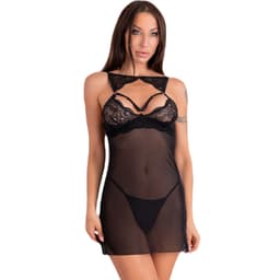 Livco Corsetti Krolina Chemise aus schwarzem Netz mit Tanga, Ansicht von vorne