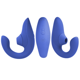 Womanizer Blend Rabbit-Vibrator mit Pleasure Air, Seitenansicht mit innerem Arm und Luftimpuls-Aufsatz