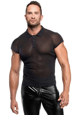 Noir Handmade Feinnetz-Poloshirt in Schwarz, komplette Gesamtansicht von vorne