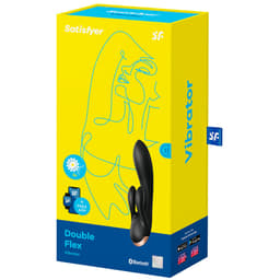 Verpackung des Satisfyer Double Flex Vibrators in scharfer Nahaufnahme