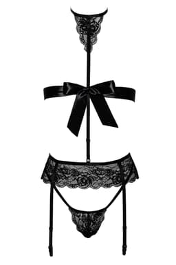 Kissable Dessous-Set in Schwarz, Detailaufnahme des einhängbaren Chokers am Strumpfhaltergürtel