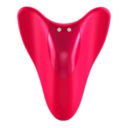Satisfyer High Fly in Fuchsia, Anwendungsbeispiel am Finger in typischer Produktfoto-Perspektive