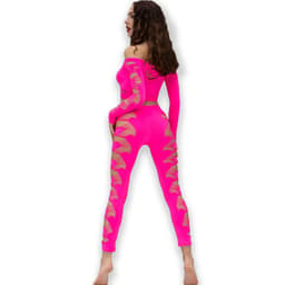 Chilirose Spitzen-Top in Pink von vorn, Spitzenmuster und nahtloser Verlauf im Detail