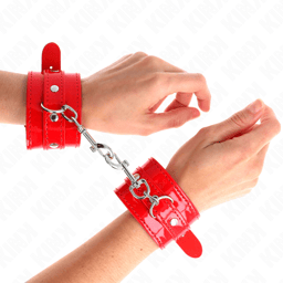 Kink Handgelenkfesseln in Rot, Gesamtansicht des Paars, Handgelenkfesseln der Kink BDSM-Serie im Karton
