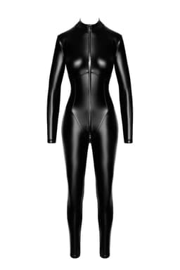 Noir Handmade Wetlook-Overall in Schwarz, Detailaufnahme des hohen Kragens