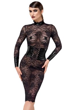 Noir Handmade F375 Noirelle Spitzenkleid in Schwarz, komplette Vorderansicht