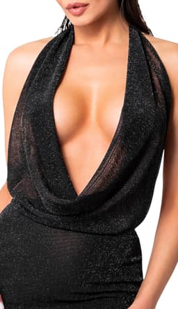 Noir Handmade Tüll-Minikleid in Schwarz, Detailaufnahme des silbern schimmernden Fadens im Netzmaterial