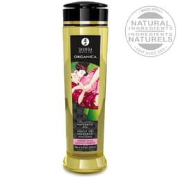 Shunga Bio-Massageöl Himbeere, Etikett mit Produktinformationen im Detail
