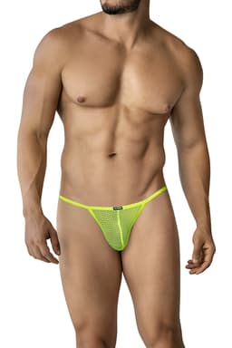 Cut4Men Mini-Brief in Gelb in Nahaufnahme, transparente Netzstruktur im Detail
