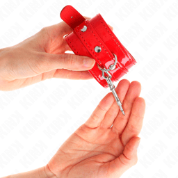 Verpackung der Kink Handgelenkfesseln in Rot, Handgelenkfesseln der Kink BDSM-Serie im Karton