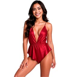 Passion Sensie Satin-Body in Burgund, Gesamtansicht mit tiefem V-Ausschnitt