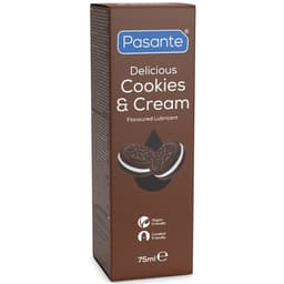 Pasante – Wasserbasiertes Gleitgel mit Geschmack Cookies & Cream, Etikett mit Produktangaben im Detail
