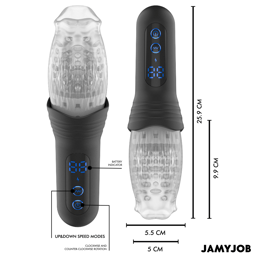 Jamyjob Blow-R Masturbator mit USB-Ladekabel am Ladeanschluss des Gehäuses