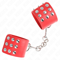 Kink Handgelenkfesseln mit Druckverschluss in Rot mit Verstellbereich 19 bis 24 cm, Größenverhältnis erkennbar