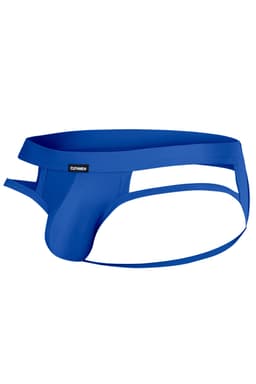 Cut4Men Jockstrap aus Mikrofaser in Königsblau, Detailansicht des gummierten Logos