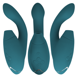 Womanizer Duo 2 in Petrolblau von der Seite, flexibler Hals und bauchiger Kopf im Detail