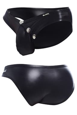 Cut4Men Wetlook-Slip in Schwarz, Detailaufnahme der drei Druckknöpfe auf der Vorderseite