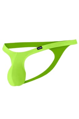 Cut4Men Micro Thong in Neongelb, Detailansicht des gummierten Logos am Bund