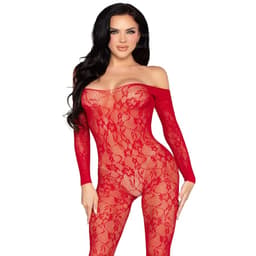 Leg Avenue Bodystocking aus roter floraler Spitze, Ganzkörperansicht von vorne