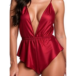 Passion Sensie Satin-Body von vorn, V-Ausschnitt und elastischer Bund im Detail