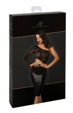 Noir Handmade Kleid aus Wetlook und Spitze in Schwarz, Nahaufnahme der Material- und Nahtverarbeitung