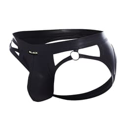 Cut4Men Wetlook-Jockstrap in Schwarz am Model getragen, Ansicht von hinten im Ganzen