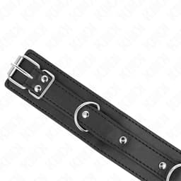 Kink Halsband mit Leine und drei Ringen von der Seite, Metallbeschläge in Nahaufnahme