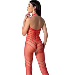 Passion BS100 Bodystocking aus elastischem Mesh in Rot von hinten, Rückenpartie im Detail