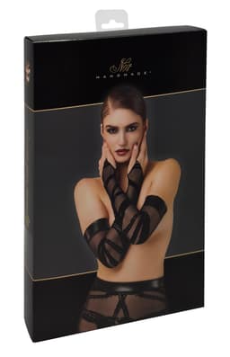 Noir Handmade F361 Opera-Handschuhe in Schwarz, Detailansicht des Power-Wetlook-Bands