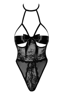 Kissable Stringbody in Schwarz, Detailaufnahme der öffenbaren Satinschleife am Dekolleté