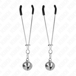 Kink dünne Nippelklemmen mit Glöckchen in Silber im Größenvergleich, 7 cm