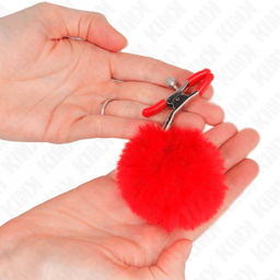 Kink Nippelklemmen mit Fellball in Rot im Größenvergleich, 6 cm lang