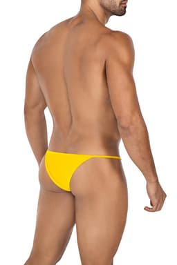 Cut4Men Tanga-Kini aus Mikrofaser in Gelb, Detailansicht des gummierten Logos