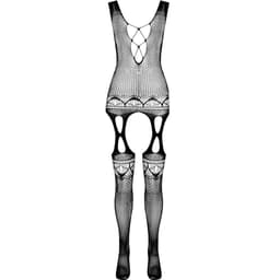 Passion BS099 Bodystocking mit Netzdessin und Spitze flach liegend, komplette Schnittform erkennbar