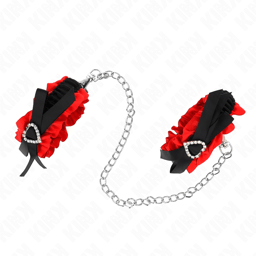 Kink Handgelenkfesseln in Rot, roten Herz-Details im Detail, Handgelenkfesseln der Kink BDSM-Serie im Karton