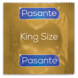 Pasante King Size XL-Kondome, Rückseite der Verpackung mit Maß- und CE-Angaben