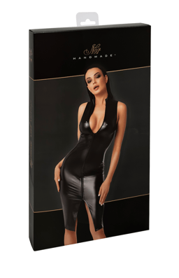 Noir Handmade Wetlook-Midikleid in Schwarz, Nahaufnahme der Material- und Nahtverarbeitung